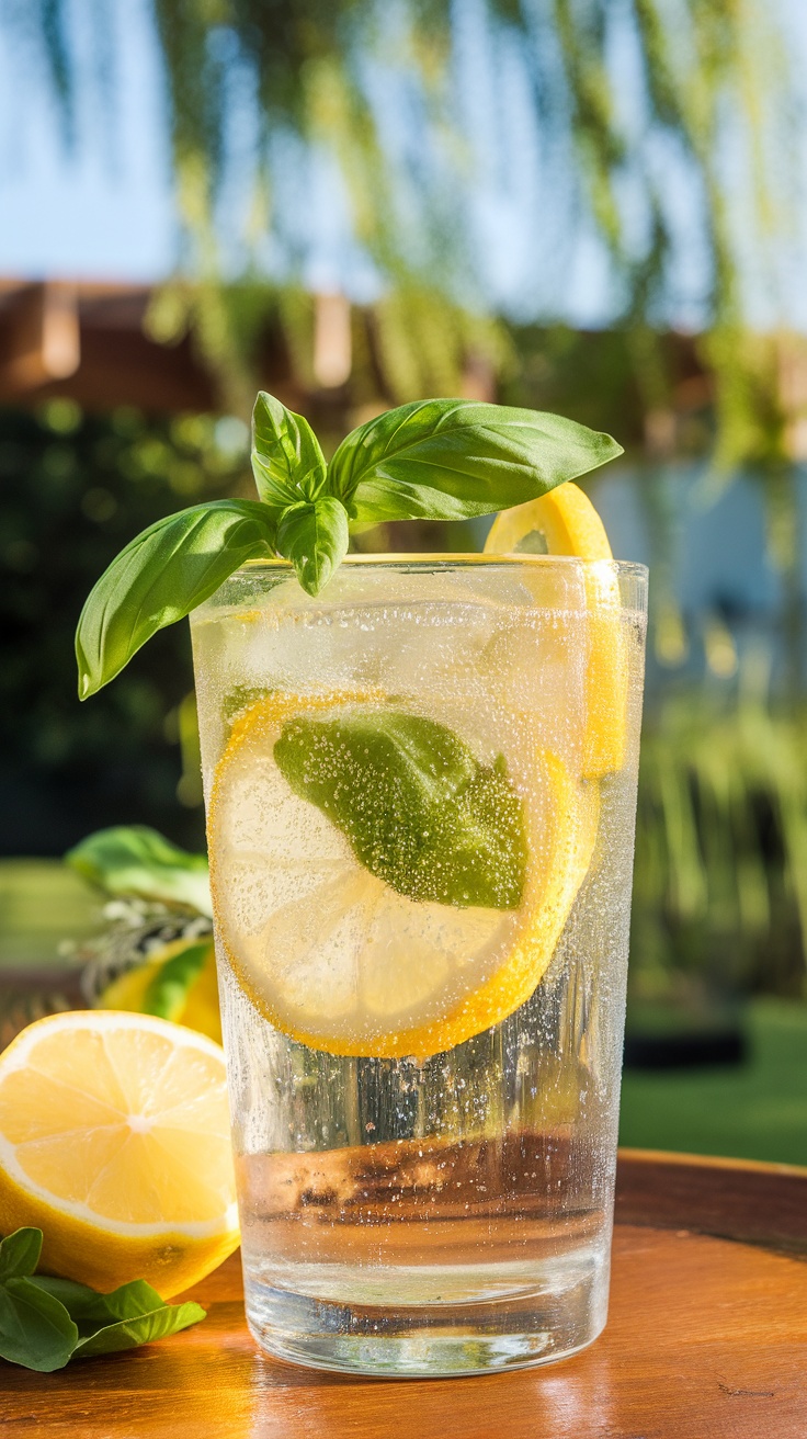 A sparkling glass of Basil Lemonade Fizz garnished with basil and lemon, on a sunny outdoor table.